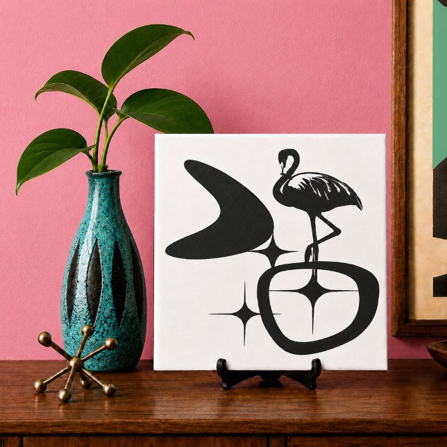 Flamingo MidCentury Modern Atomic Retro Shapes Ceramic Tile (midcentury modern boomerang and starburst shapes with flamingo silhouette, Palm Springs decor )