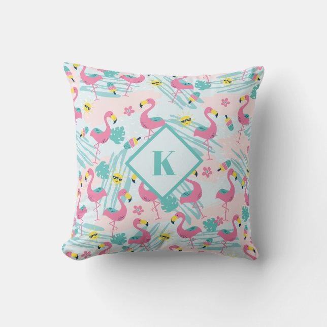 Flamingo Mint Green Tropical Pattern Monogram Cushion (Front)