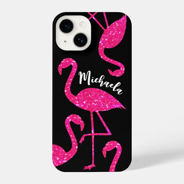 Flamingo neon pink glitter sparkles Personalise iPhone Case (Back)