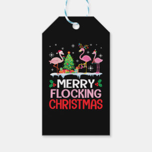 Flamingo Noel Hats Dancing On Snow Merry Flocking Gift Tags