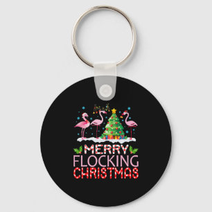Flamingo Noel Hats Dancing On Snow Merry Flocking Key Ring