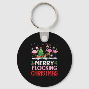 Flamingo Noel Hats Dancing On Snow Merry Flocking Key Ring