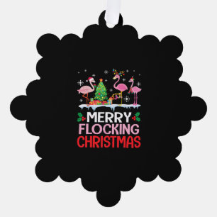 Flamingo Noel Hats Dancing On Snow Merry Flocking Tree Decoration Card