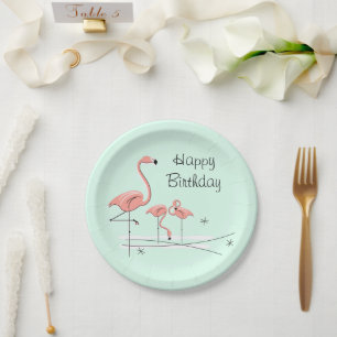 Flamingo Ocean Aqua Trio 4 Happy Birthday Paper Plate