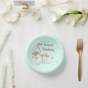 Flamingo Ocean Aqua Trio 4 Happy Birthday Paper Plate