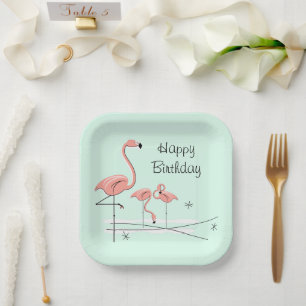 Flamingo Ocean Aqua Trio 4 Happy Birthday square Paper Plate