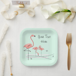 Flamingo Ocean Aqua Trio 4 Text square paper plate