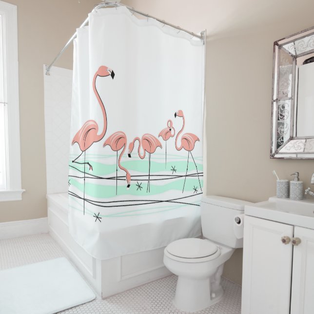 Flamingo Ocean Group shower curtain (In Situ)