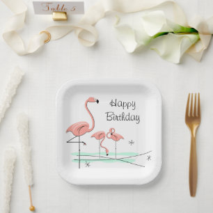 Flamingo Ocean Trio 4 Happy Birthday square Paper Plate