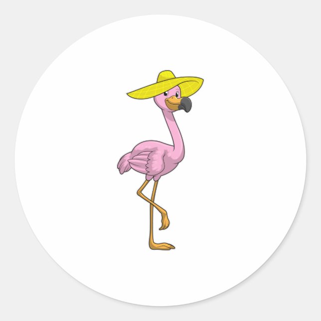 Flamingo on Beach with Hat Classic Round Sticker (Front)