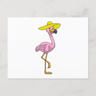 Flamingo on Beach with Hat Postcard