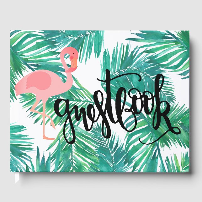 flamingo on tropical palm leaves calligraphy guest book (Front)
