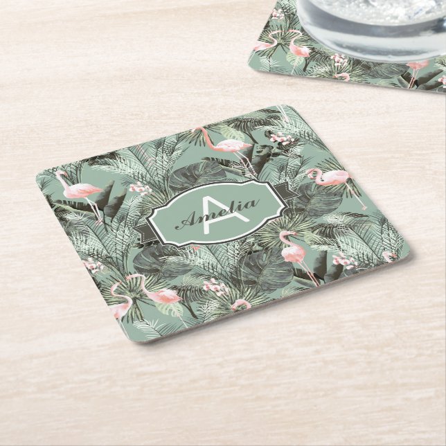 Flamingo Orchid Tropical Pattern Sage ID868 Square Paper Coaster (Angled)