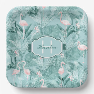 Flamingo Orchid Tropical Pattern Teal ID868 Paper Plate