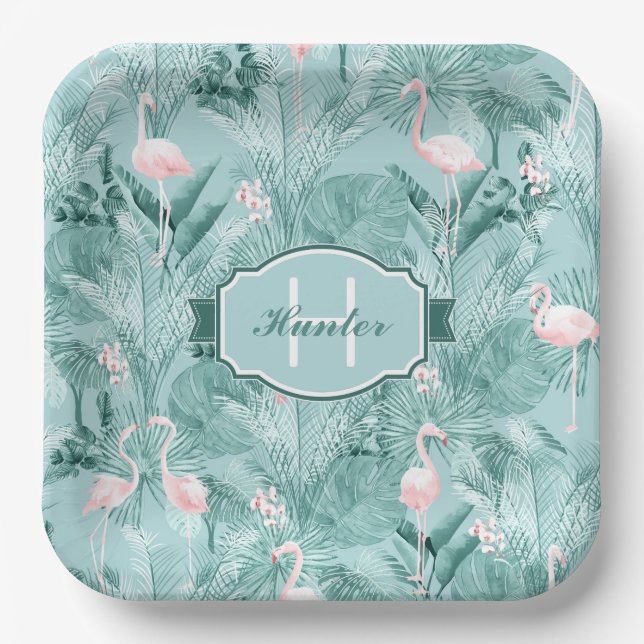 Flamingo Orchid Tropical Pattern Teal ID868 Paper Plate (Front)