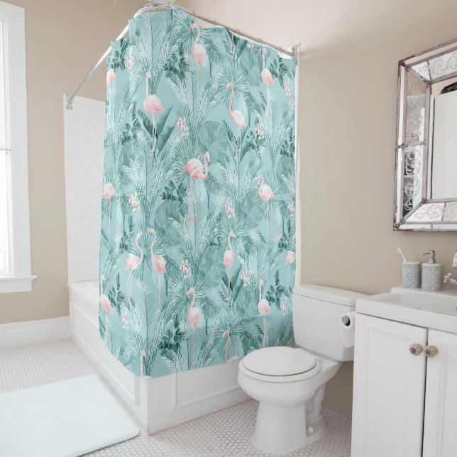 Flamingo Orchid Tropical Pattern Teal ID868 Shower Curtain (In Situ)