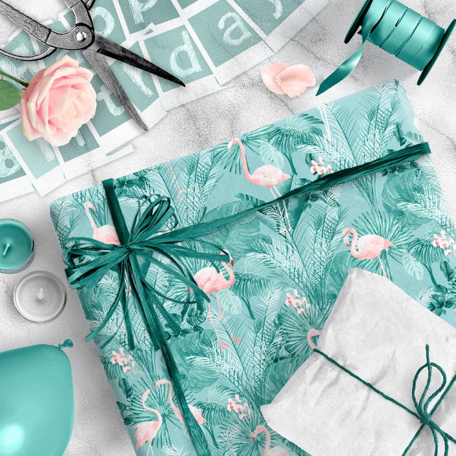 Flamingo Orchid Tropical Pattern Teal ID868 Wrapping Paper (Creator Uploaded)