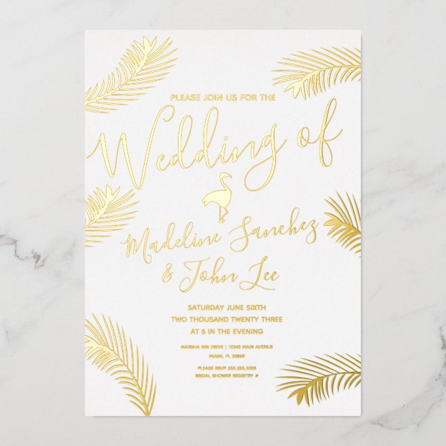 Flamingo Palm   Foil Pressed  Wedding Invitation (Front)