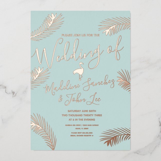 Flamingo Palm Leaf Foil Pressed Wedding Invitation (Front)
