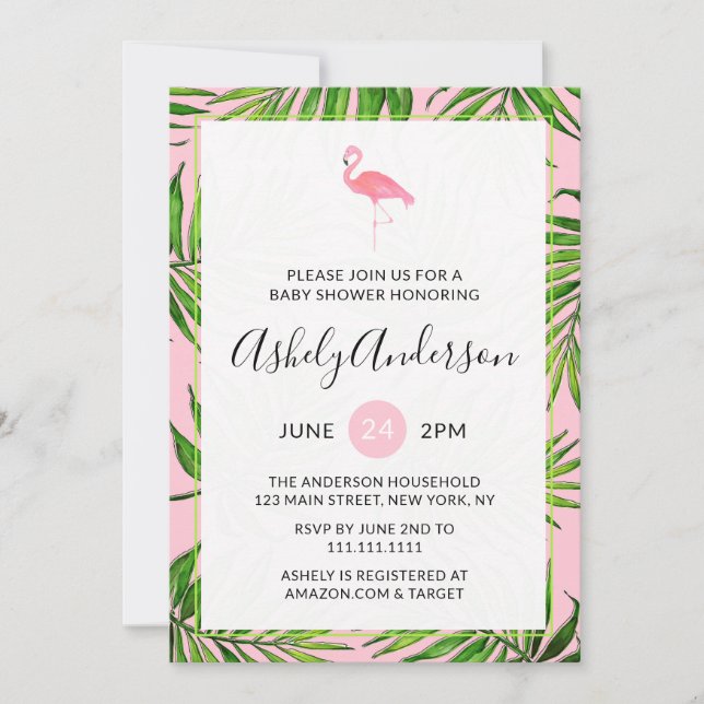 Flamingo Palm Leaves Baby Shower Invitation Card (Front)