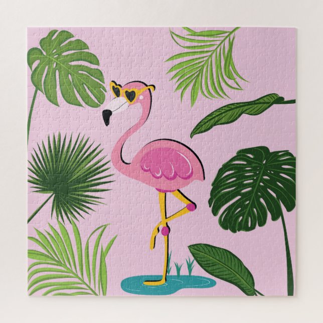 Flamingo Palm Leaves Tropical Design Jigsaw Puzzle (Vertical)