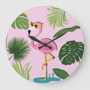 Flamingo Palm Leaves Tropical Design Large Clock