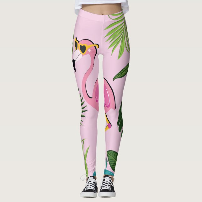 Flamingo Palm Leaves Tropical Design Leggings (Front)