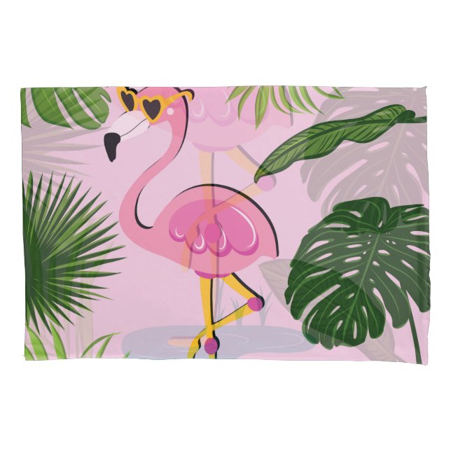 Flamingo Palm Leaves Tropical Design Pillowcase (Front)