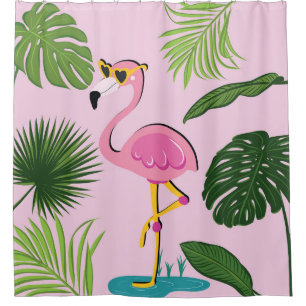 Flamingo Palm Leaves Tropical Design Shower Curtain