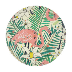 Flamingo Palm Leaves: Tropical Vintage Cutting Board