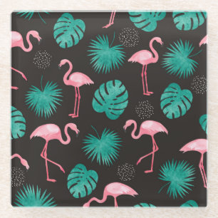 Flamingo, palm leaves: tropical watercolor. glass coaster