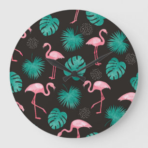 Flamingo, palm leaves: tropical watercolor. large clock