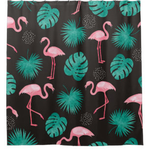 Flamingo, palm leaves: tropical watercolor. shower curtain
