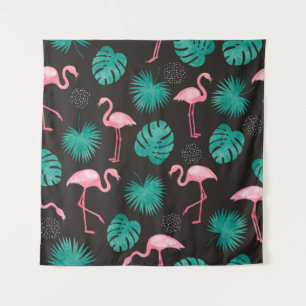 Flamingo, palm leaves: tropical watercolor. tapestry