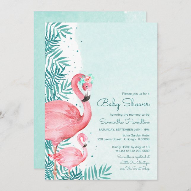 Flamingo & Palm Leaves Watercolor Baby Shower Invitation (Front/Back)