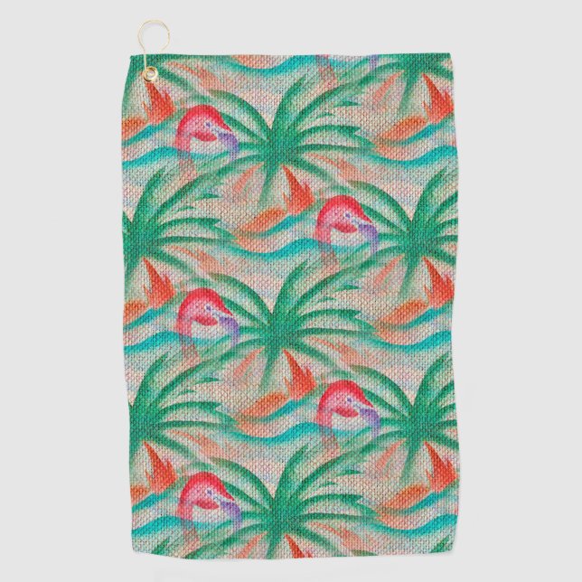 Flamingo Palm Tree Burlap Look Golf Towel (Front)