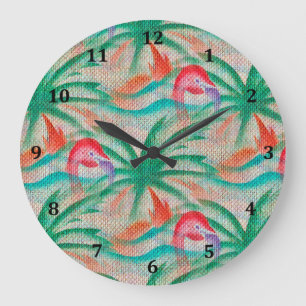 Flamingo Palm Tree Burlap Look Large Clock