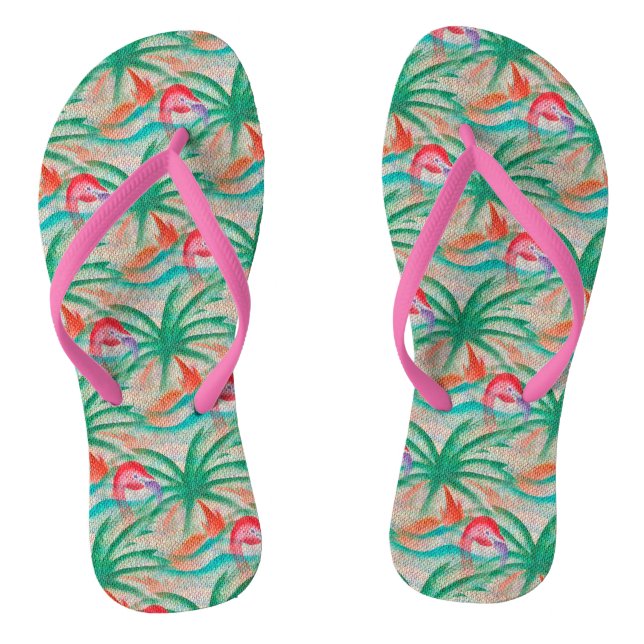 Flamingo Palm Tree Burlap Look Thongs (Footbed)