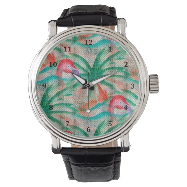 Flamingo Palm Tree Burlap Look Watch (Front)