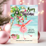 Flamingo Palm Tree Tropical Beach Christmas Holiday Card<br><div class="desc">Send your warmest holiday greetings with this tropical Christmas card! Featuring a playful pink flamingo dancing under a palm Christmas tree by the sea, this design brings beachy holiday vibes to life. Perfect for anyone who wants to swap snow for sand this holiday season, this card is the perfect way...</div>