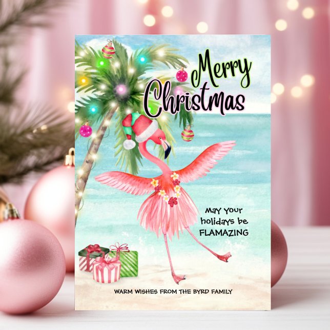 Flamingo Palm Tree Tropical Beach Christmas Holiday Card (Creator Uploaded)