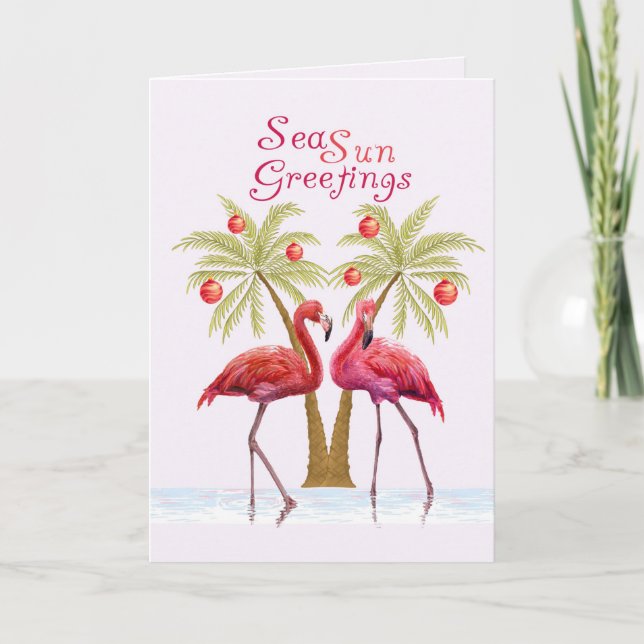 Flamingo Palm Trees Watercolor Christmas Holiday Card (Front)