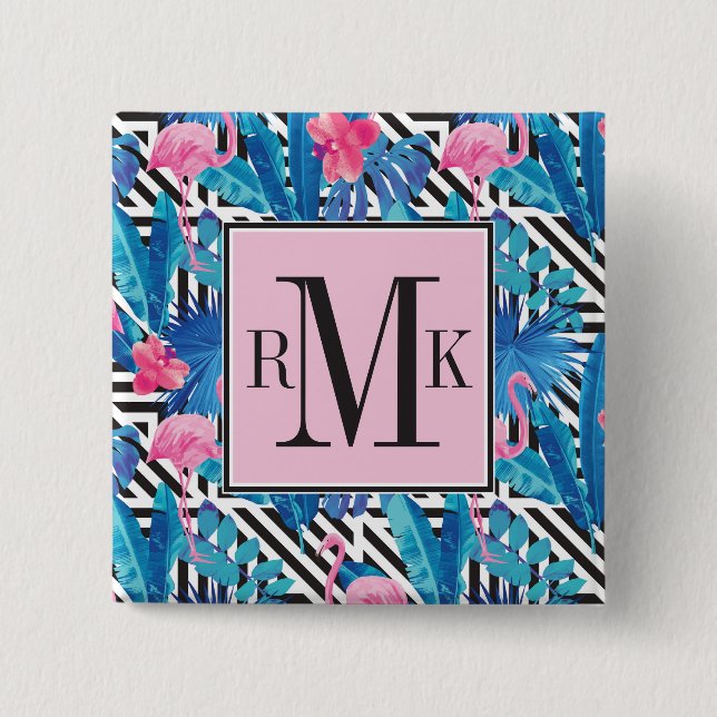 Flamingo & Palms on Geometric Pattern 15 Cm Square Badge (Front)