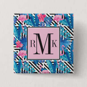 Flamingo & Palms on Geometric Pattern 15 Cm Square Badge