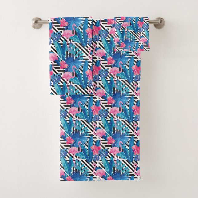 Flamingo & Palms on Geometric Pattern Bath Towel Set (Insitu)