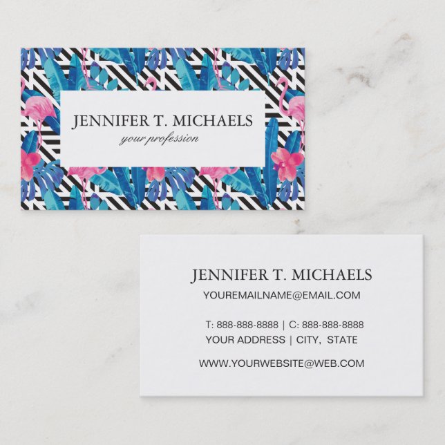 Flamingo & Palms on Geometric Pattern Business Card (Front/Back)