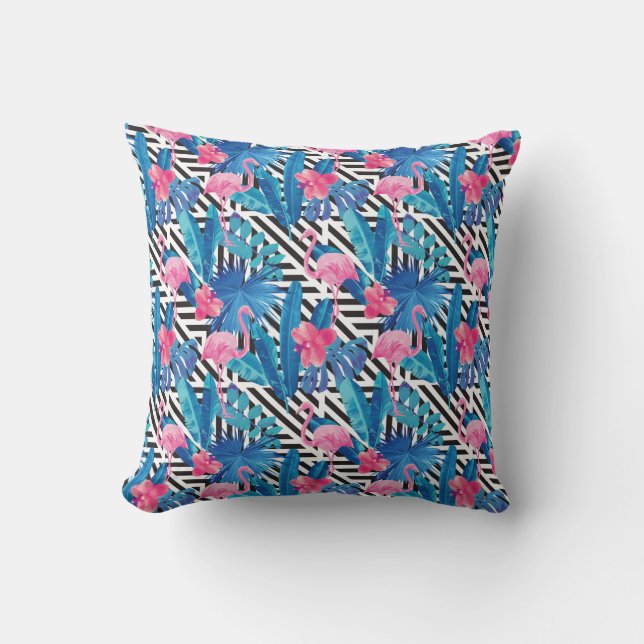 Flamingo & Palms on Geometric Pattern Cushion (Front)