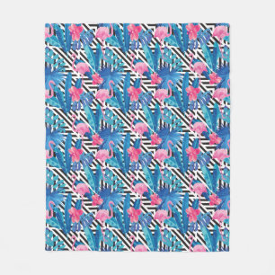 Flamingo & Palms on Geometric Pattern Fleece Blanket