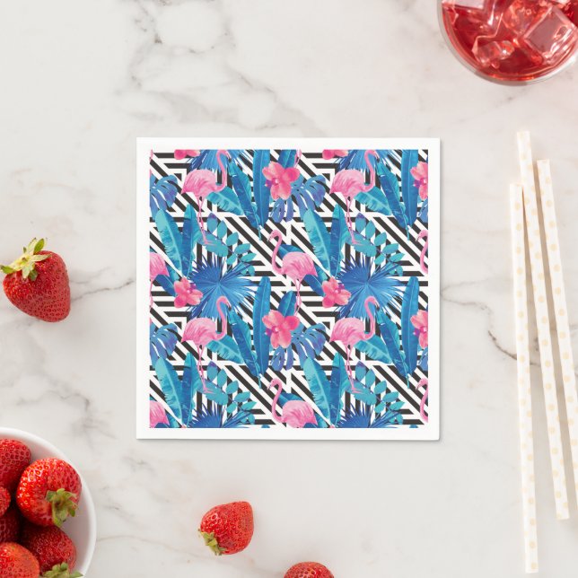 Flamingo & Palms on Geometric Pattern Napkin (Insitu)