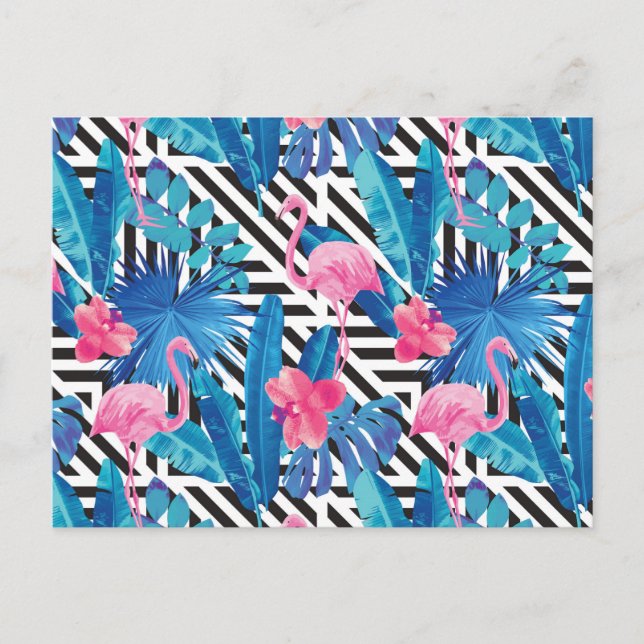 Flamingo & Palms on Geometric Pattern Postcard (Front)